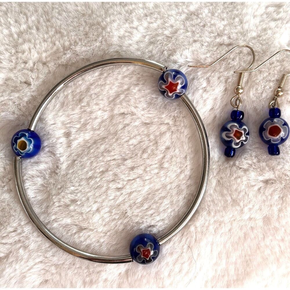 Milliefiori Murano Glass Bangle Bracelet and Drop Earring Set